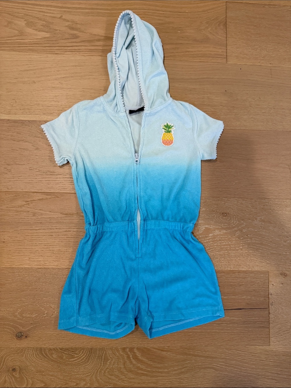 Andy & Evan Pale Blue and Turqpise Hooded Terry Swim Romper with Pineapple Patch